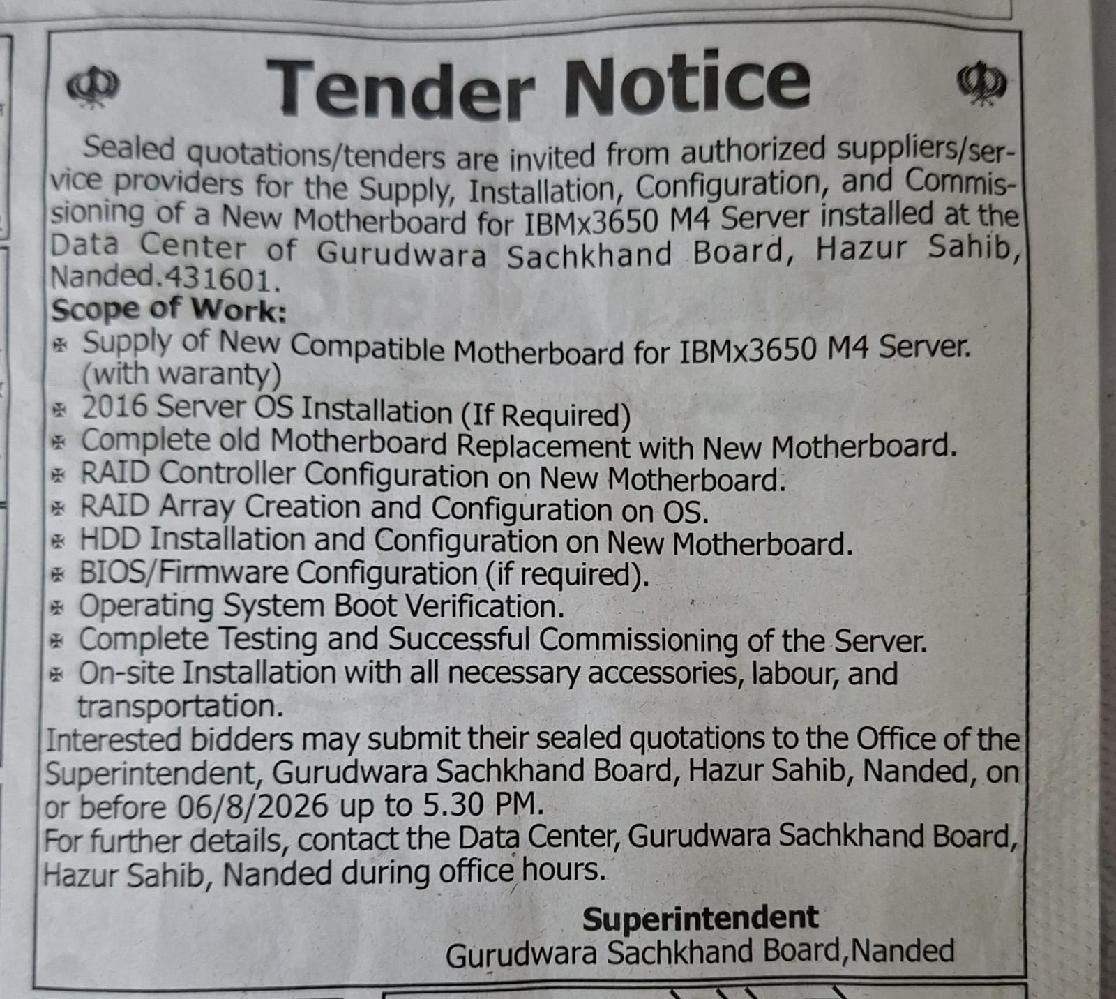 Tender Notice for Supply of New Motherboard for IBMx3650 M4 Server